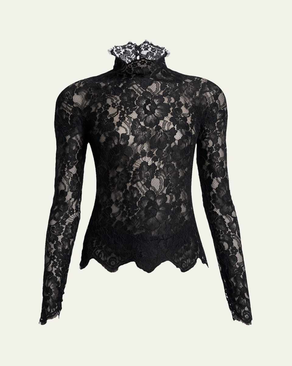 Turtleneck Sheer Lace Long-Sleeve Top